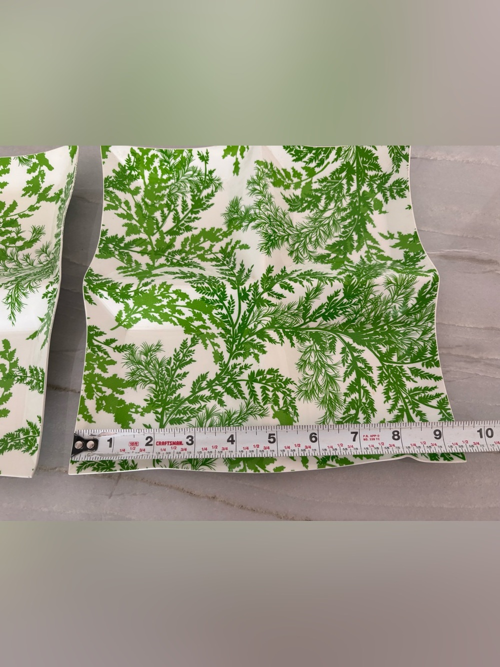 Preppy Set of 2 Green Fern Botanical 1970s Molded Plastic Snack Trays 9.5” Sq.